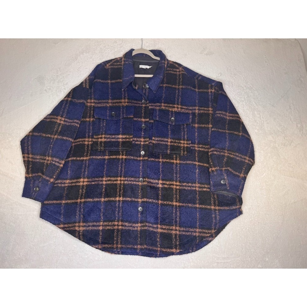Good American Jacket Womens 7/8 Brushed Shacket Blue Large Plaid Wool Blend Cozy